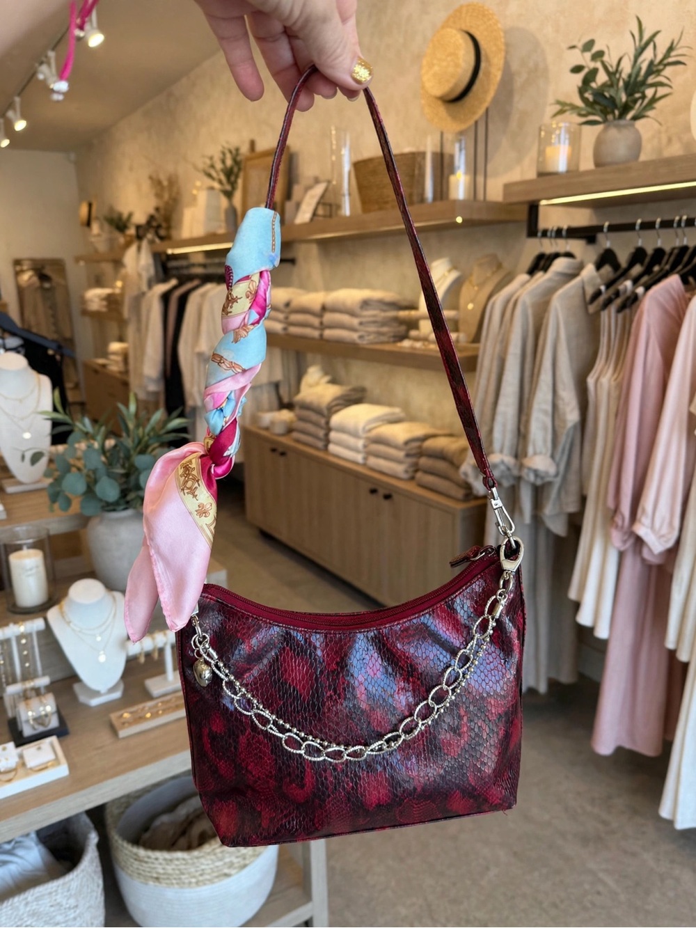 Zara Red Snake-Print Shoulder Bag with Silver Chain and Scarf Accent